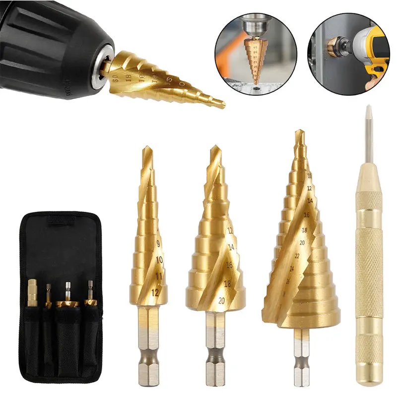 HSS Step Drill High Speed Steel Hex Shank Titanium Coated Metal Wood Hole Drill 3pcs 3-12mm/4-12mm/4-20mm/4-32mm cleaning brush wire brush spare parts stainless steel wire wood silver 205mm 8 07inch 3pcs set accessories replacement