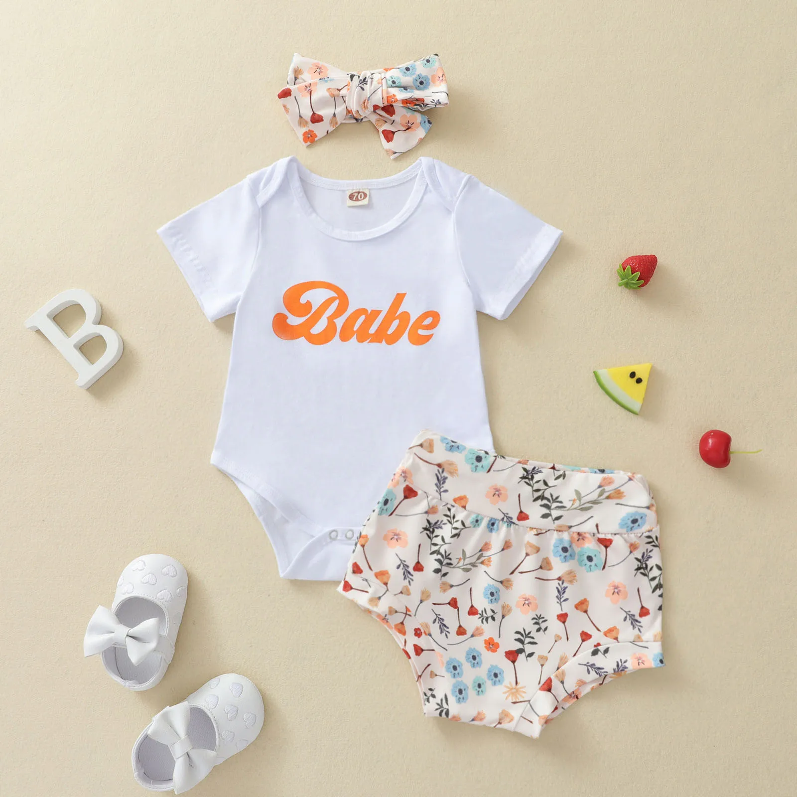 

Infant Girls Romper Outfits 2023 Summer New Toddler Boys Short Sleeve Letter Bodysuit Jumpsuit+Floral Print Shorts Set Baby Suit