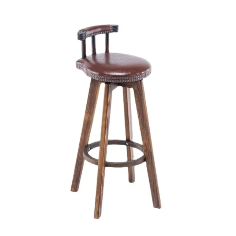 Vintage Solid Wood Bar Chair Light Luxury American Style Rotatable Home Kitchen Dining Room Nordic High Legged Stool
