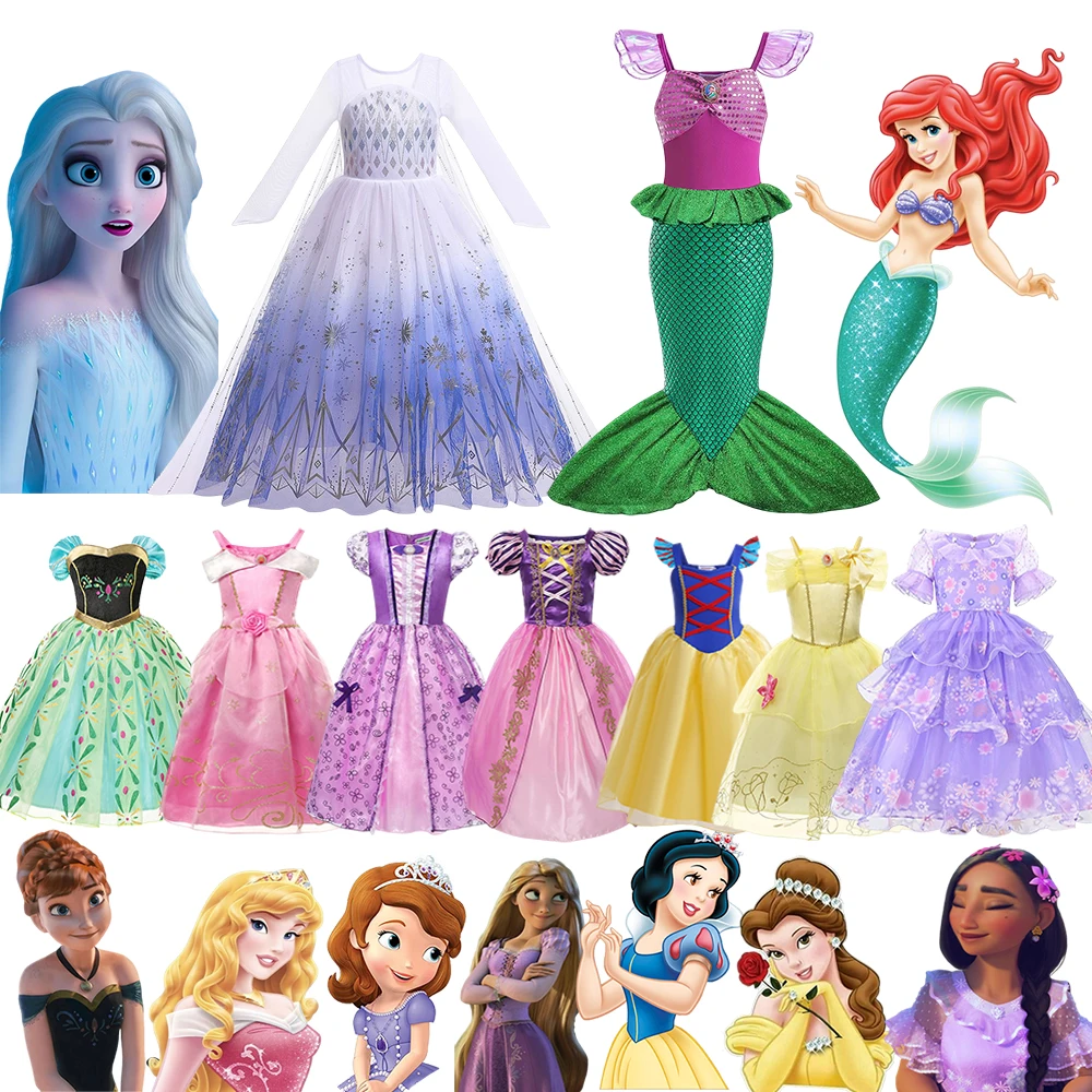 

Disney Princess Elsa Mermaid Ariel Dress Girls Encanto Isabela Halloween Xmas Costume Children Rapunzel Aurora Belle Cosplay
