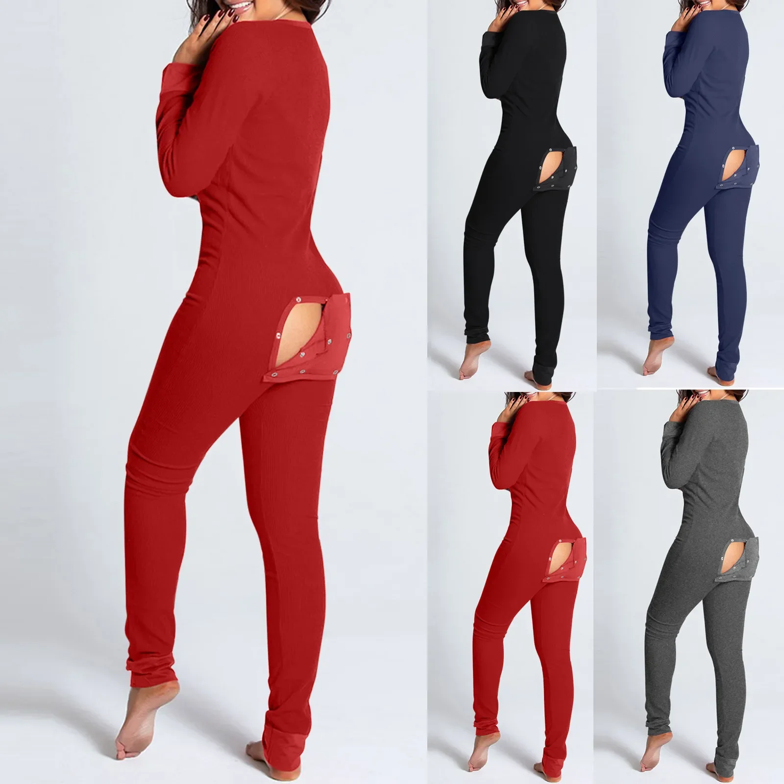 Women Home Wear Jumpsuit Printed Button-type Button-flip Adult Pajamas Long Sleeve Overall