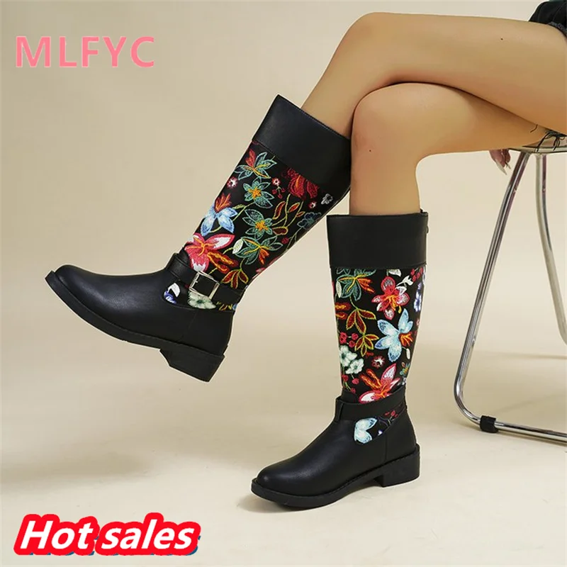 Large size patchwork vintage boots European and American winter new round head belt buckle embroidered flower mid length boots