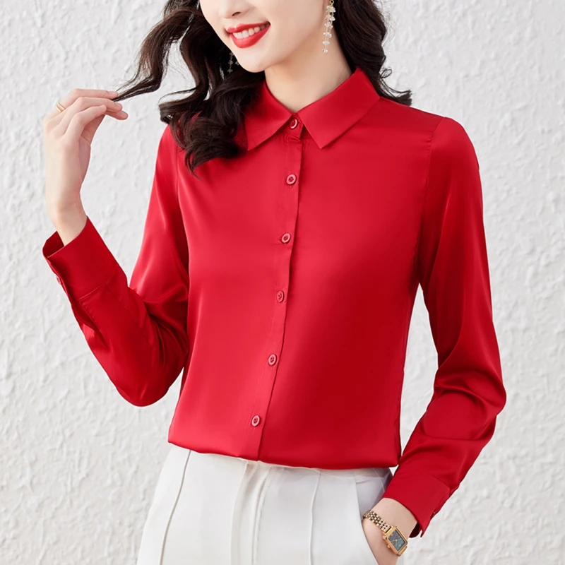 

Элегантные Женские однотонные шелковые Атласные Рубашки, женские блузки, повседневная облегающая корейская мода, Топ с длинным рукавом, женская блузка