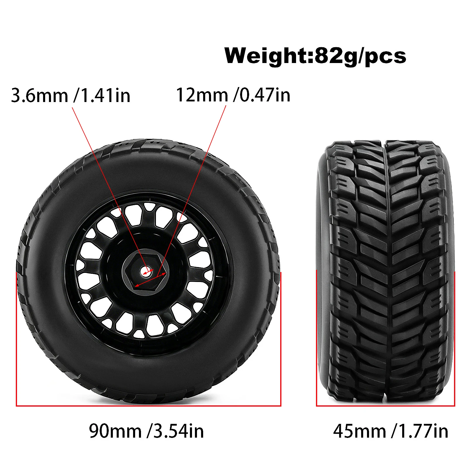 Pneus et jantes RC 90x45mm 4 pièces hex 12mm pour ARRMA 1/16 Kraton 3S BLX, gros plan sur l'insert hex 12mm.