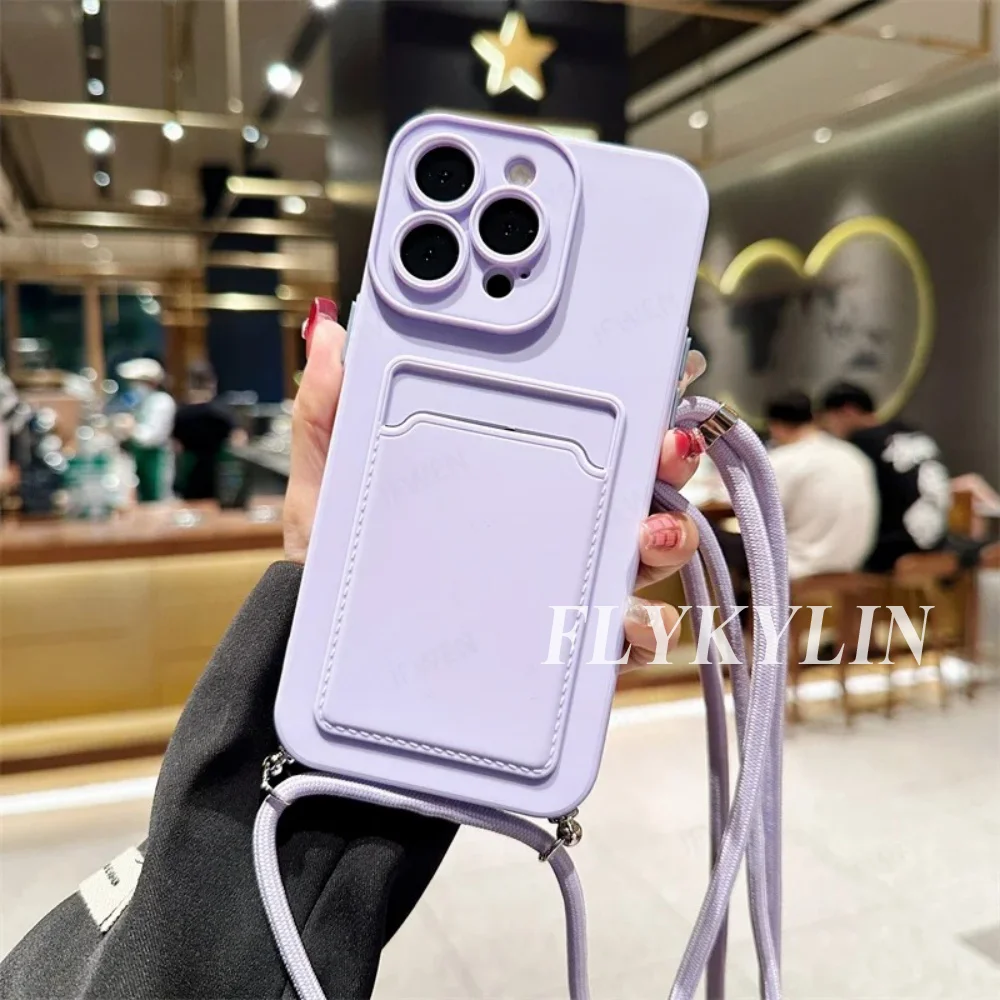Flat Rope Solid Color Card Holder Phone Case with Soft Silicone and Hanging Rope Design