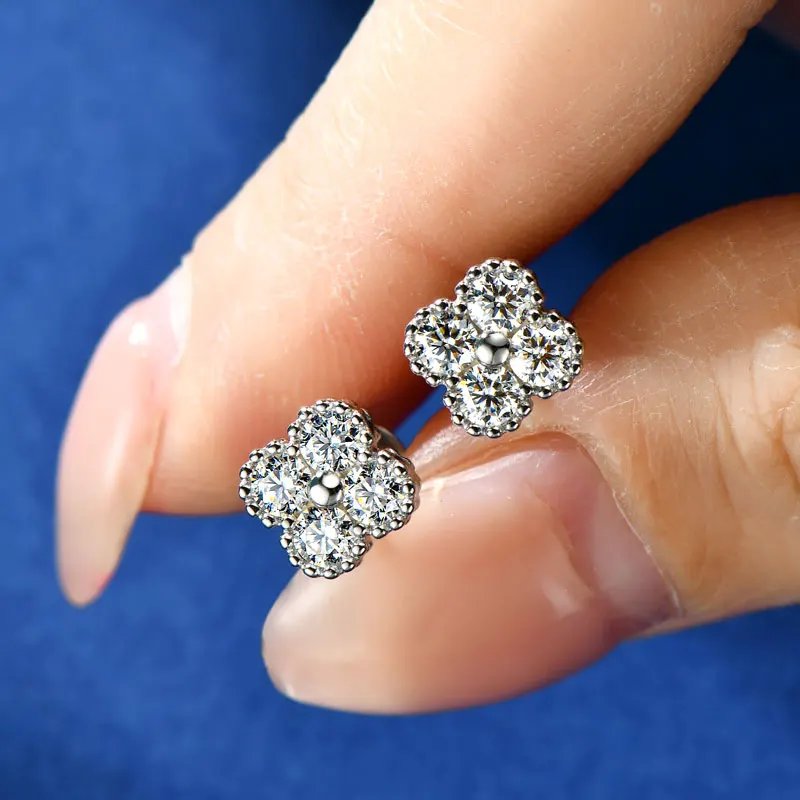 Moissanite 클로버 꽃 쥬얼리 세트 18k 골드 도금 S 3mm D Moissanite Lab 다이아몬드 목걸이 귀걸이 여성을위한 선물