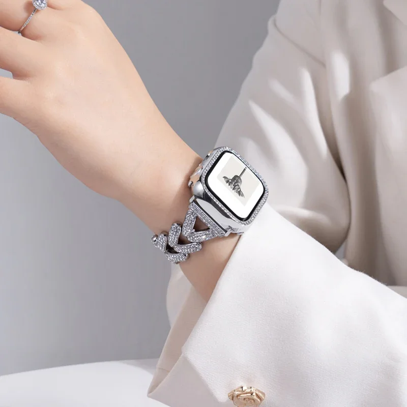 Diamond Metal Strap for Apple Watch 10 Band 46mm 42mm 41mm 44/49mm 45mm 40mm Women Belt Bracelet iWatch Series 9 8 7 Se 6 Ultra