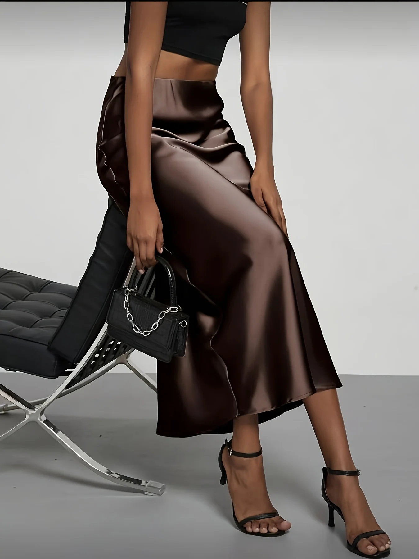 Women's Satin Midi Skirt, High‑waisted Slim Straight, Elegant Draping, Mature Versatile for Commute, Vacation & Parties 5
