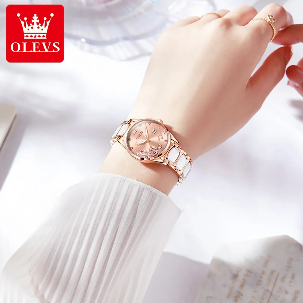 OLEVS Luxury Women Watch Set Ceramic Strap Date Luminous Hands Waterproof Ladies Quartz Watches, With Bracelet Necklace Gift Box