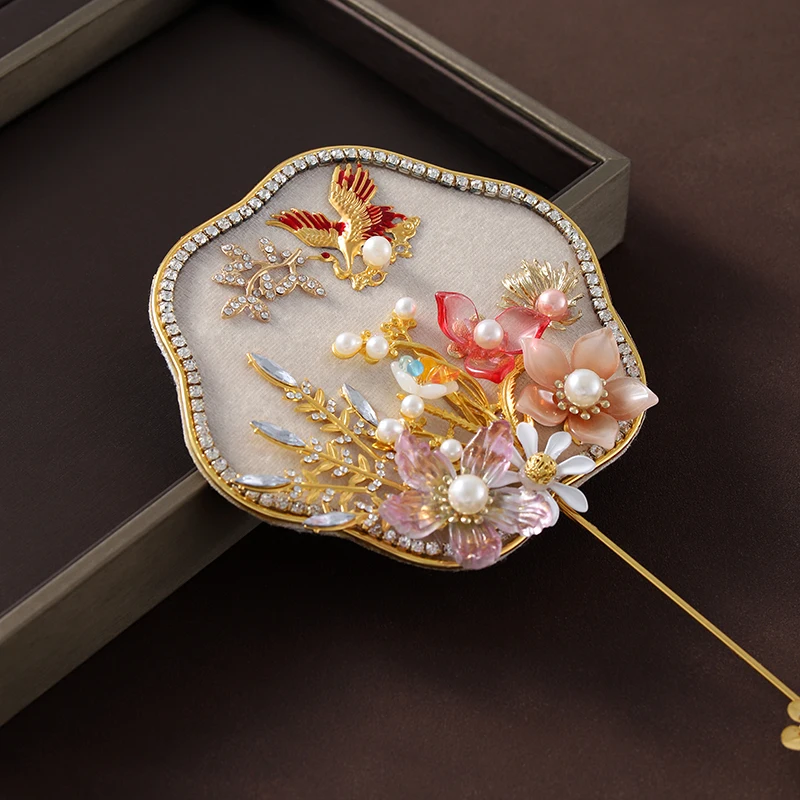 Abanico Circular pequeño de mano para mujer, accesorios de boda, estilo Palacio chino, lujoso y brillante