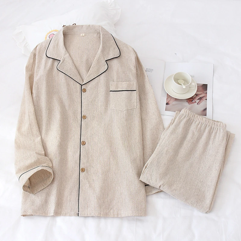 New Cotton and Linen Men's Plaid Long Sleeve Nightgown Turn-down Collar Fine Casual Men Sleepwear Eco-friendly Fabric Pajama Set mens pjs