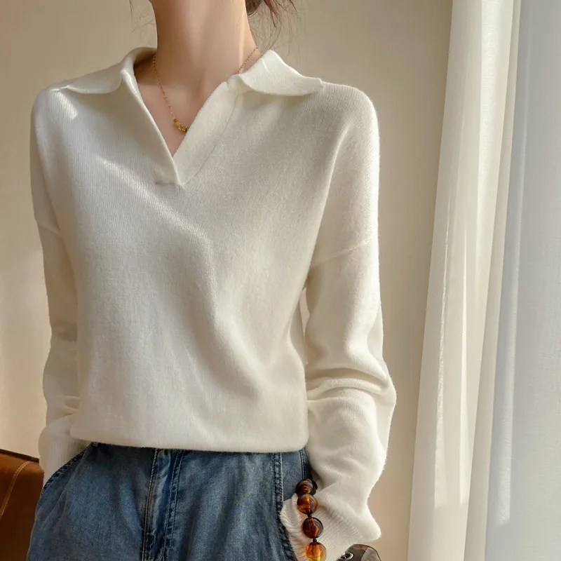 Women's Collar Knitted Sweater SpringAutumn Sleeved Solid Color Loose Korean Style Fashionable Lapel Pullover Jumper Top 2