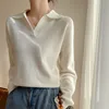 Women's Collar Knitted Sweater SpringAutumn Sleeved Solid Color Loose Korean Style Fashionable Lapel Pullover Jumper Top 2