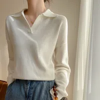 Women's Collar Knitted Sweater SpringAutumn Sleeved Solid Color Loose Korean Style Fashionable Lapel Pullover Jumper Top 2