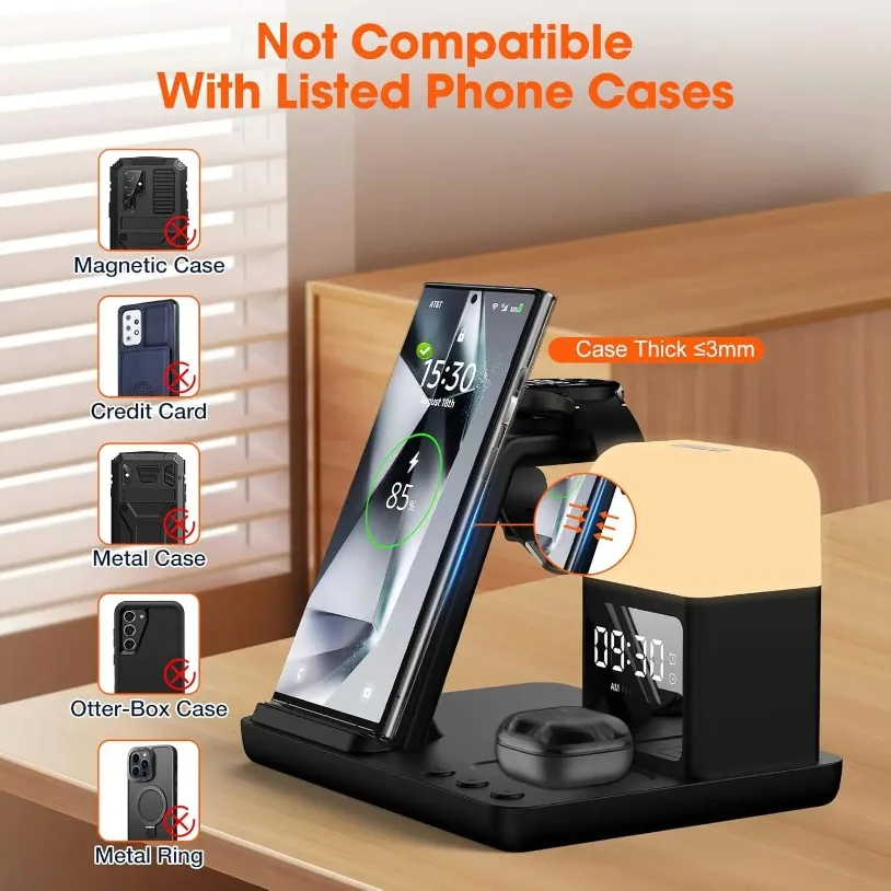 6 in 1 Alarm Clock-Night Light Wireless Charger Charging Station for Samsung Galaxy S25 Ultra/S24/S23 Samsung Watch7/6 Buds3 Pro