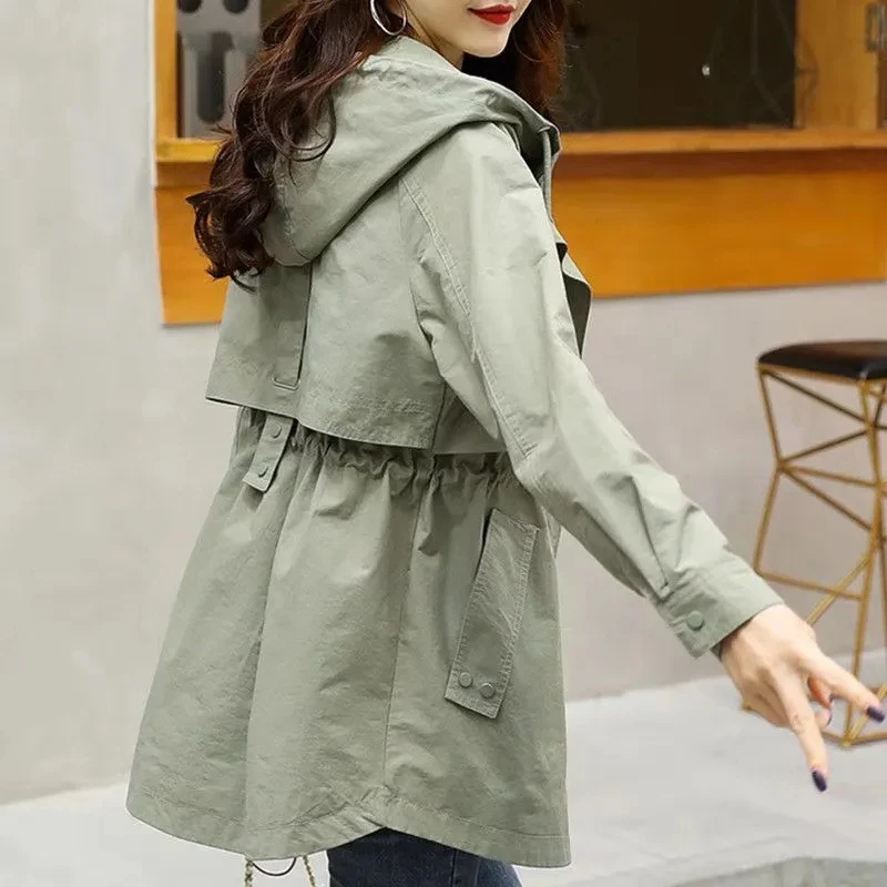 2023 new Women Casual Fashion Long Sleeve Hooded Zipper Mid-length Trench Solid Color Soft Elegant Cardigan Trench Coat