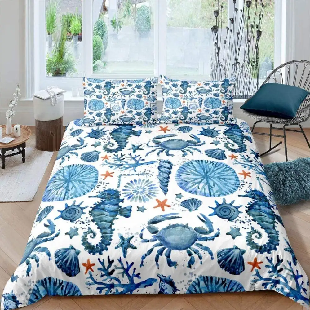 Juego De Ropa De Cama De Halloween Con Cabeza De Esqueleto Para Niños, Niñas Y Niños, Caballito De Mar, Arrecife De Coral, Funda De Edredón Sobre Acuario Muerto, Océano, Mar, Vida Silvestre