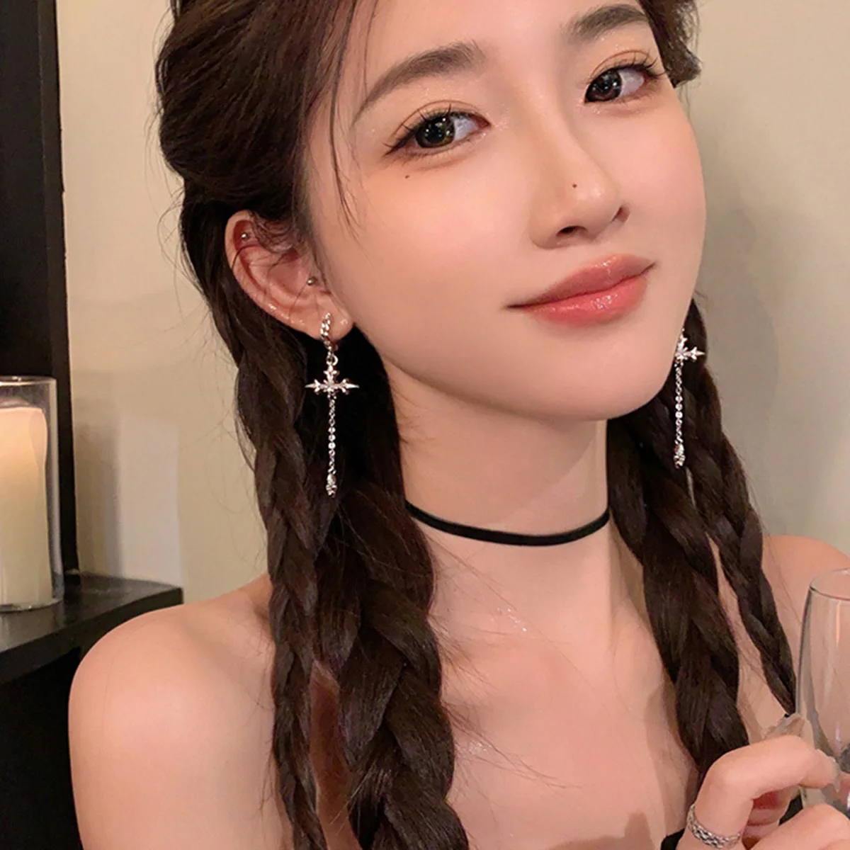 Cool Rhinestone Zircon Cross Earrings for Women Korean Fashion Long Tassel Earring Girls Daily Birthday Party Y2k Jewelry Gifts