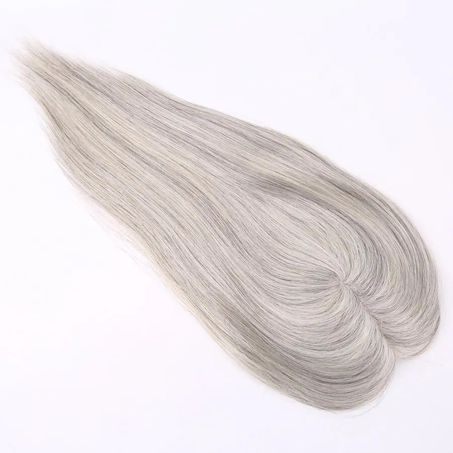 Sistema di Capelli Umani Vergini Russi Lisci 12-18 Pollici 1b Grigio Bianco, Parrucchino per Donne 5.5x6 Pollici, Topper in Monofilamento per Donna Bianca - immagine 3