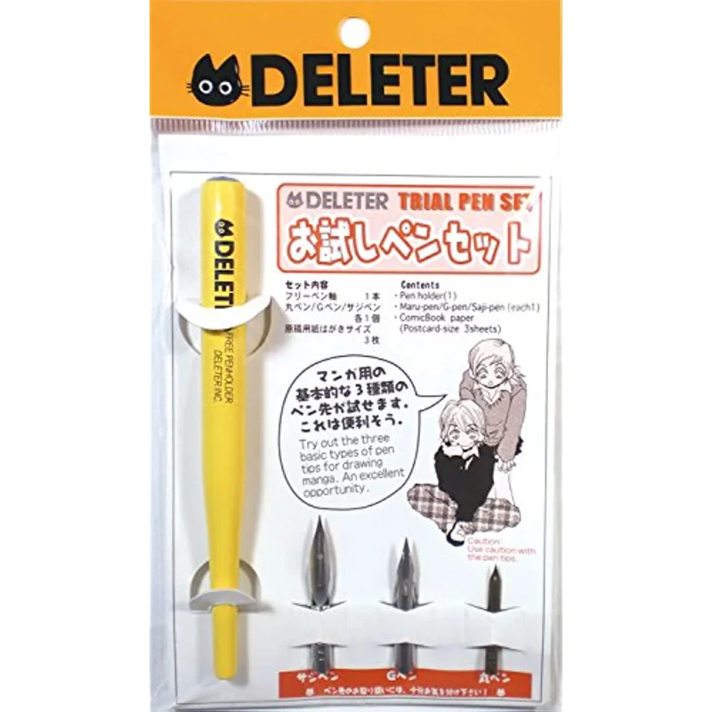

DELETER Trial Pen Set 1 pan Holder + 3 Comic Pen nibs (G-Pen, Saji-Pen & Maru-Pen) + 3 Manga Papers, 1 Set Dip Pen Made in Japan