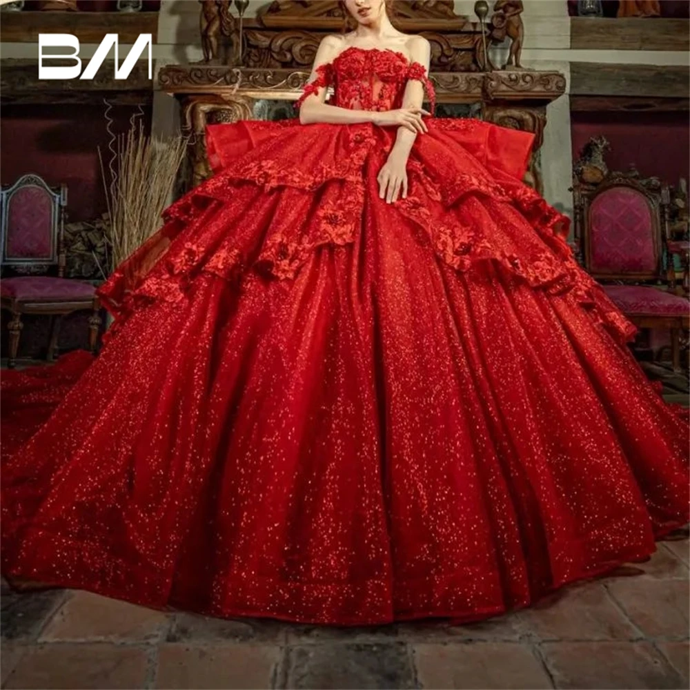 

Red Lace Appliques Sparkle Sweet 15 Dress Off The Shoulder Ball Gown Quinceanera Dress Sequined Tulle Cocktail