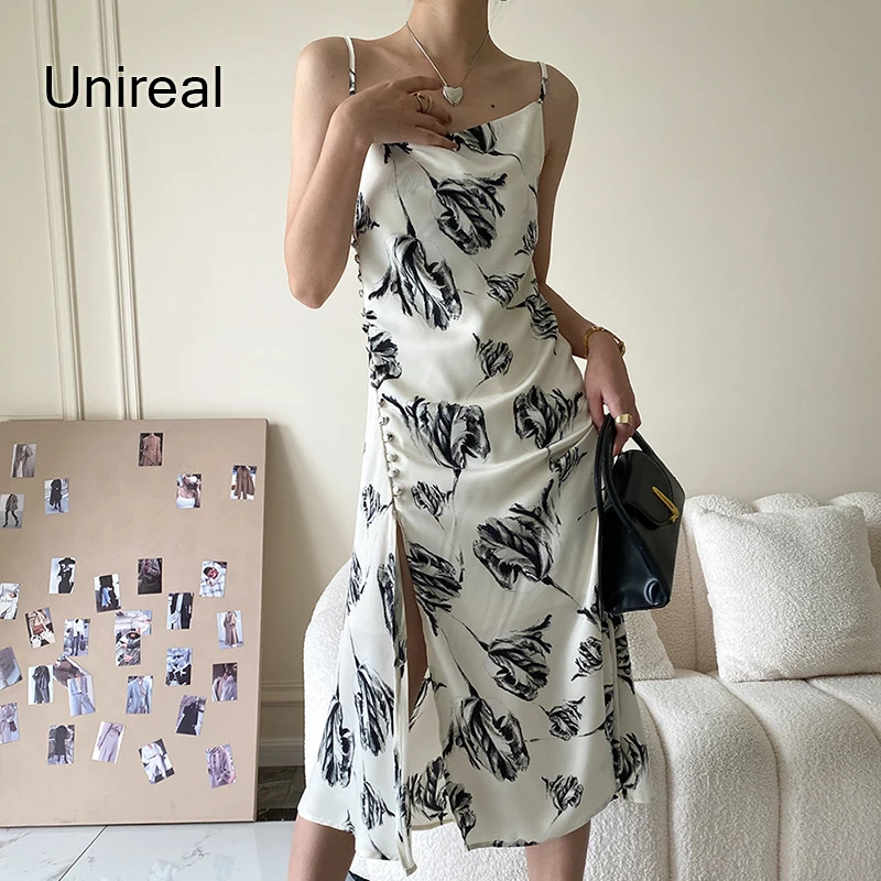 

Unireal 2022 Summer Women Midi Dress Sleeveless Black Sexy Fashion Flower Print Vintage Floral Slit Satin Slip Dress