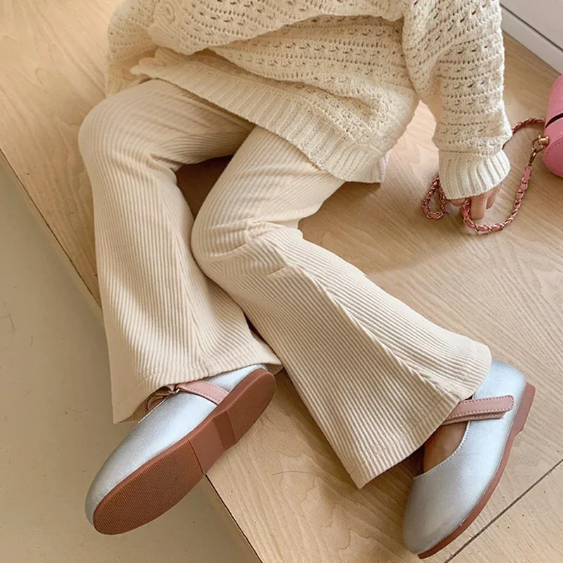 Fashion Kids Girls Cotton Ribbed Flared Pants Spring Autumn Sweet Elasticity Slim Solid Color Trousers Leisure Pants 3-7Y girls pants kids pants girls trousers