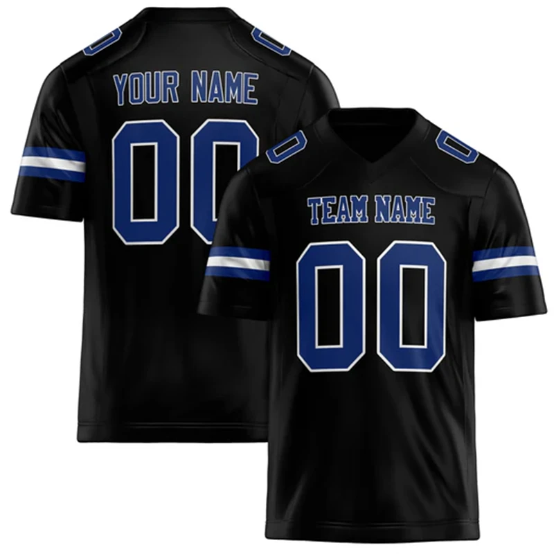 Rugby T-shirt met gepersonaliseerde teamnaam, nummer en logo, zelf te maken, V-hals, zwart, losvallend, sneldrogend, teamuniformen_voghion.com