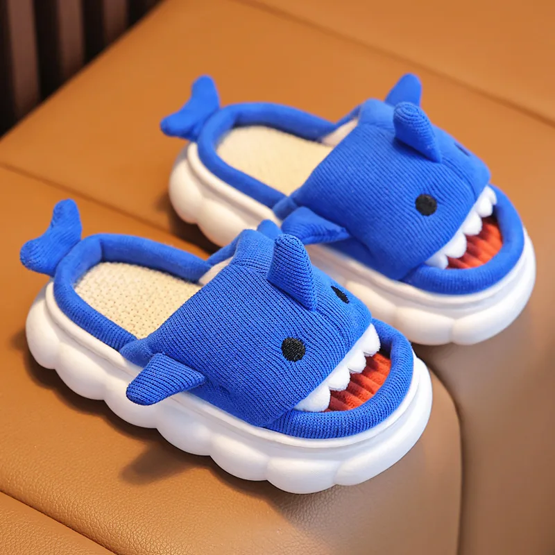 Warrior Spring Autumn Linen Children's Slippers Boy Cartoon Dinosaur Shark Flip Flops Indoor Anti-skid House Slippers 2022 new v collar vest dinosaur sweater men s spring autumn cartoon couple sweater vest sleeveless sweater fashion