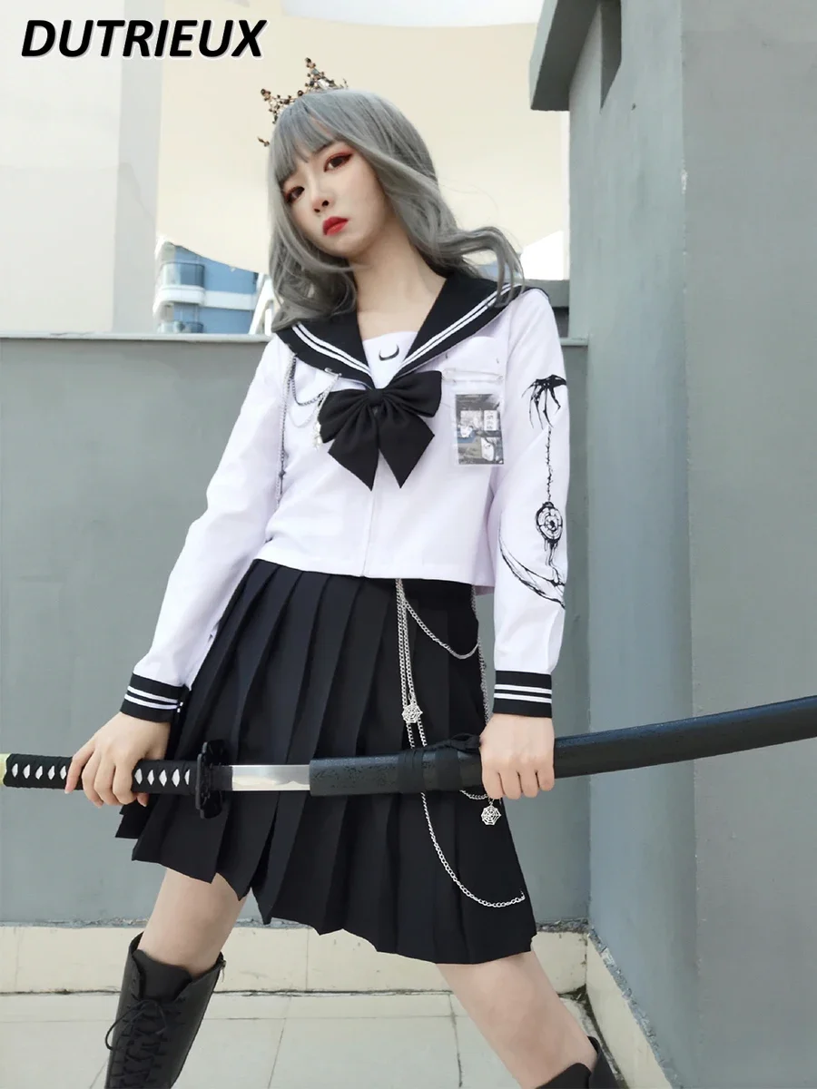 

Униформа JK в японском студенческом стиле, милый крутой матросский костюм для девочек, белая рубашка с длинным рукавом и черная плиссированная юбка, комплект из двух предметов