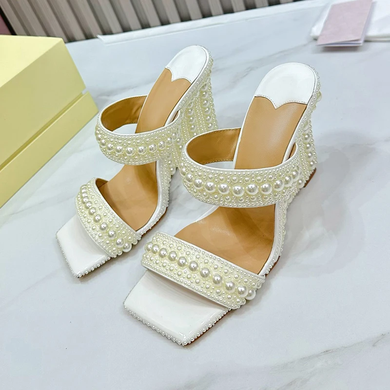 

High-end Female Slippers Summer New Pearl Decor Upper Square Head Wedges Sandals One Strap Design Banquet Women's Pumps