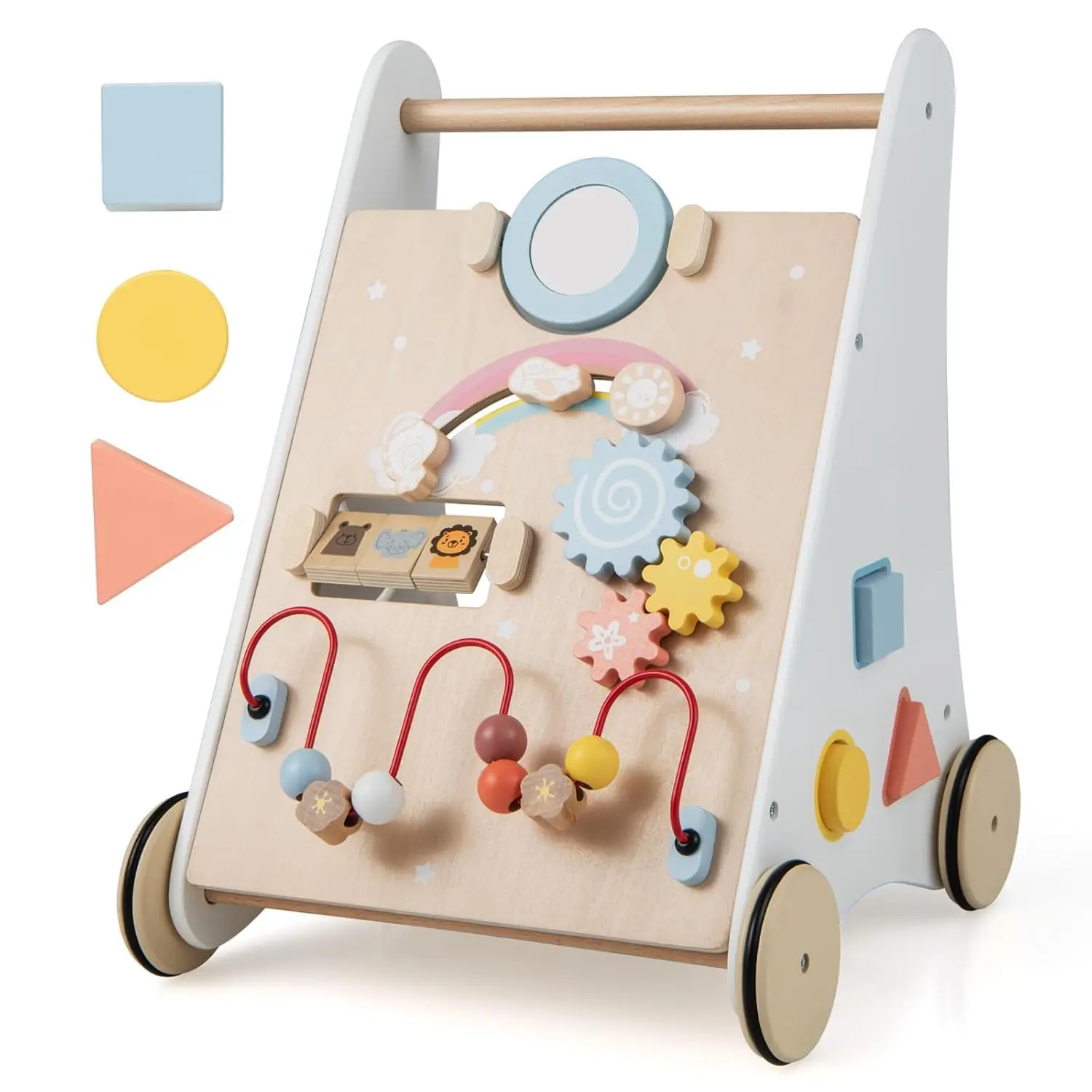 Wooden Walker, 7-in-1 Walker with Game Board, Mirror & Building Blocks, Pushing Trolley with Storage Box, Baby Walking Aid