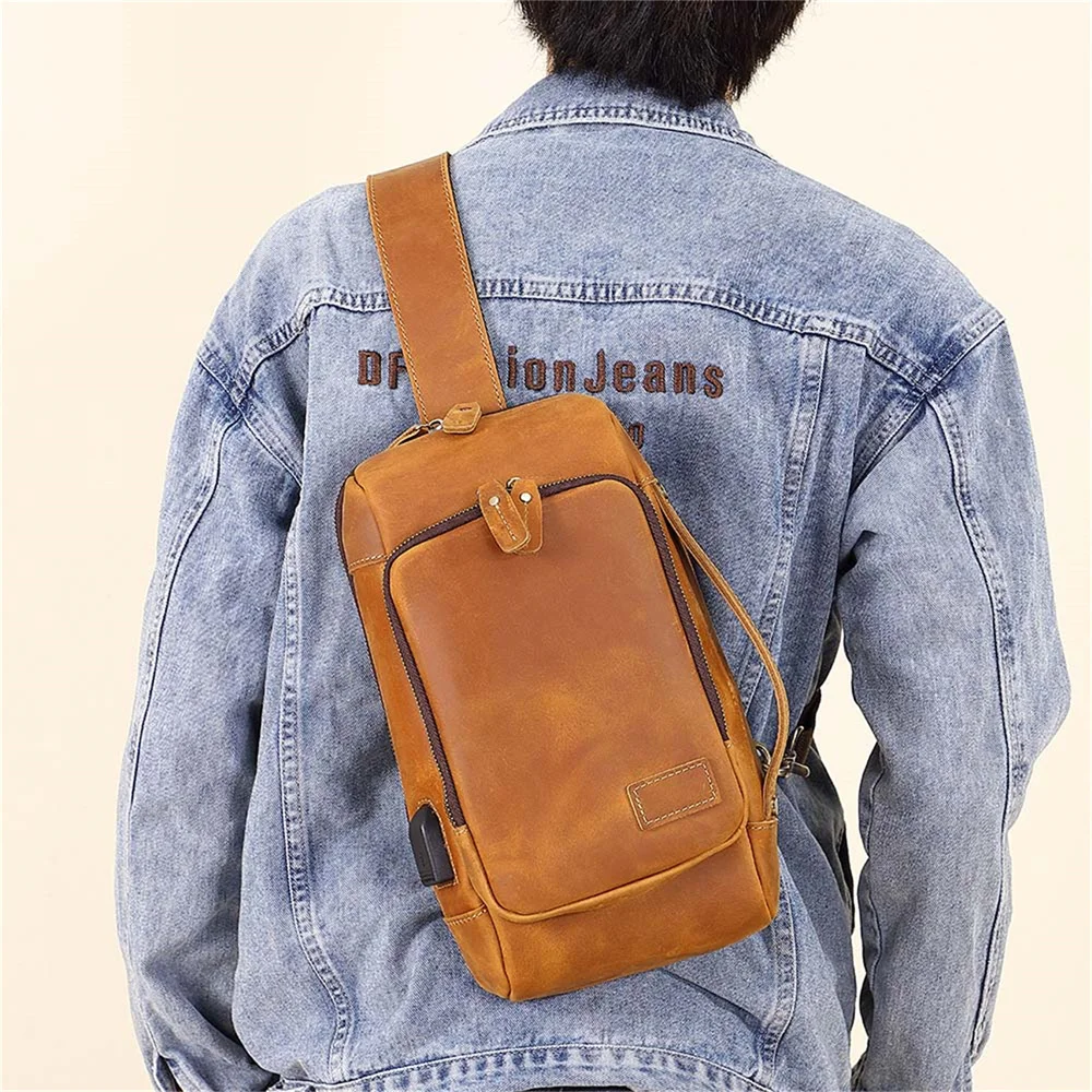 

Handmade crazy horse leather chest bag, vintage top cowhide cross-body bag, genuine leather men's travel shoulder bag