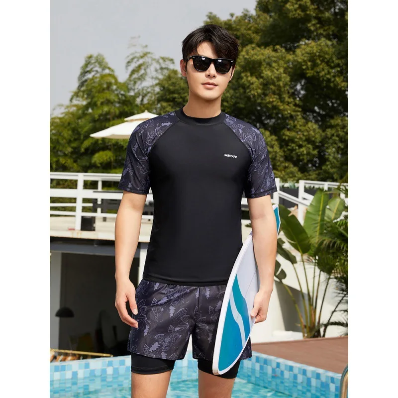 Men's 2pcs/set Rash Guards Short Sleeve Quick-Dry Dive Skin Sun Protection Compression Swim Shirts and Trunks Swimsuit Beachwear