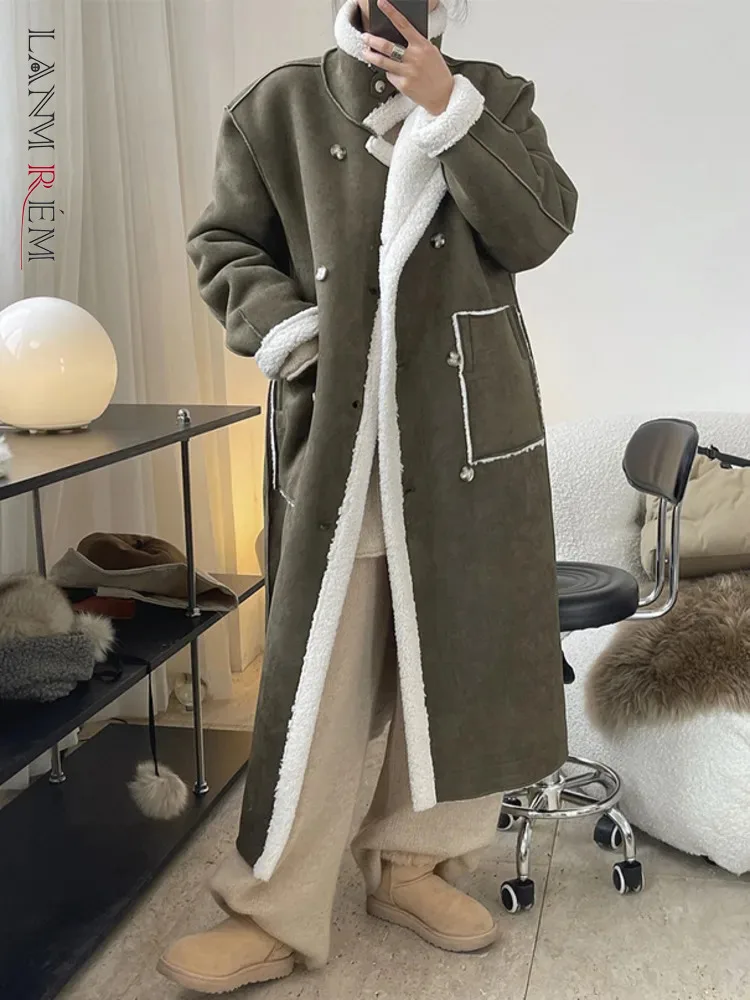 

[LANMREM] Fashion Wear Both Sides Faux Fur Coats Women Turtleneck Double Breasted Thick Warm Outwear 2024 Spring New 26D6770