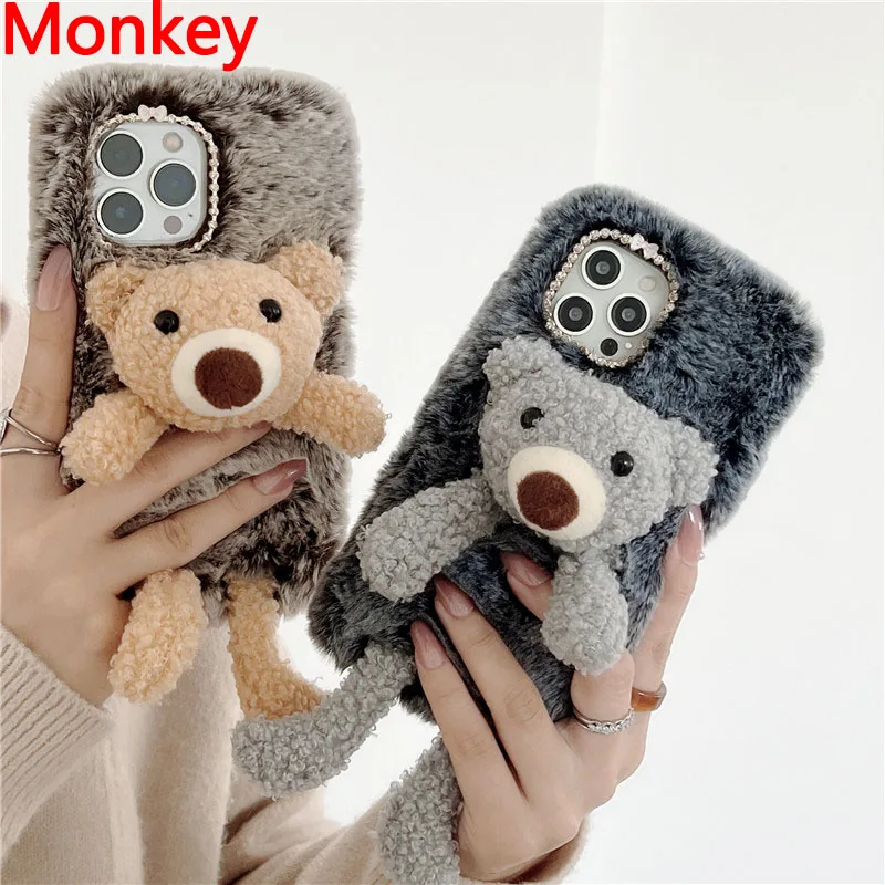 3D Cute Rabbit Fluffy Plush Bear Phone Case For Xiaomi Redmi 10A