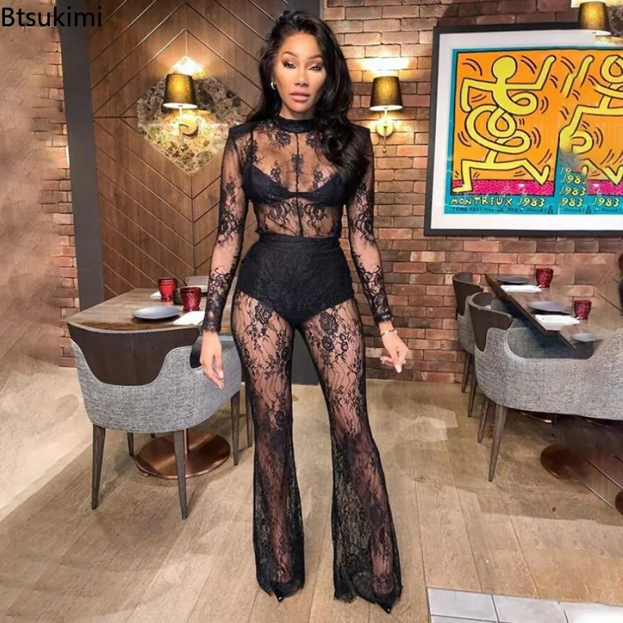New 2024 Sexy Black Lace Jumpsuits for Women See Through Hollow Out Girls Lace Jumpsuits Long Sleeve Skinny One Piece Overalls