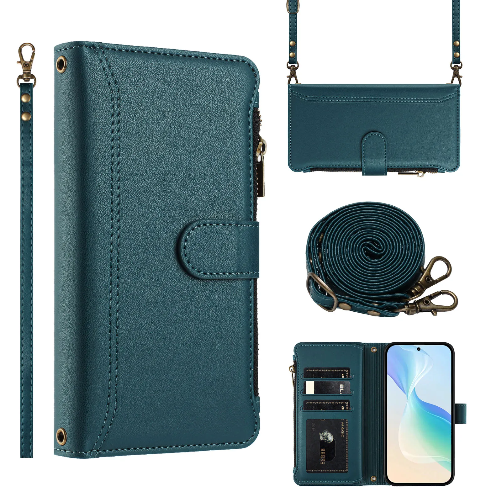 Multi-Card Leather Shoulder Wallet Case with Wireless Charging and Lanyard Flip Cover