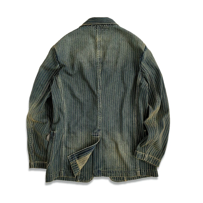 Men's Striped Suit Blazer Notch Lapels Distressed Washed Classic Jacket 2