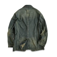 Men's Striped Suit Blazer Notch Lapels Distressed Washed Classic Jacket 2
