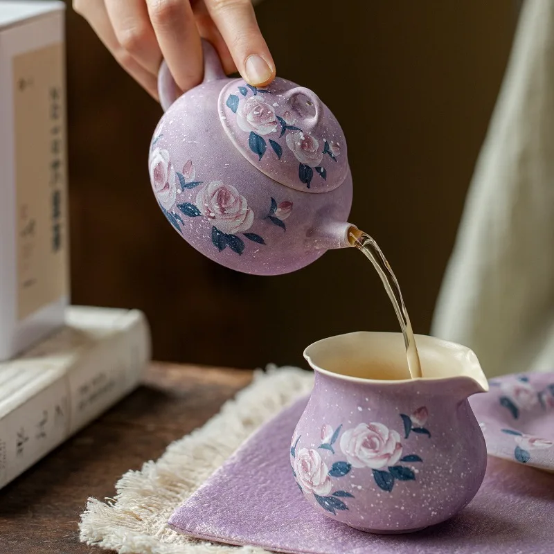 Hand Painted Purple Monet Rose Ceramic Teapot Large Capacity Gongfu Tea Set for Home Decor Chinese Style Tea Ceremony Gift