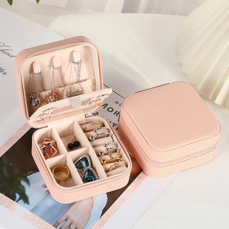 Portable PU Leather Travel Jewelry Case with Mirror and Zippered Organizer