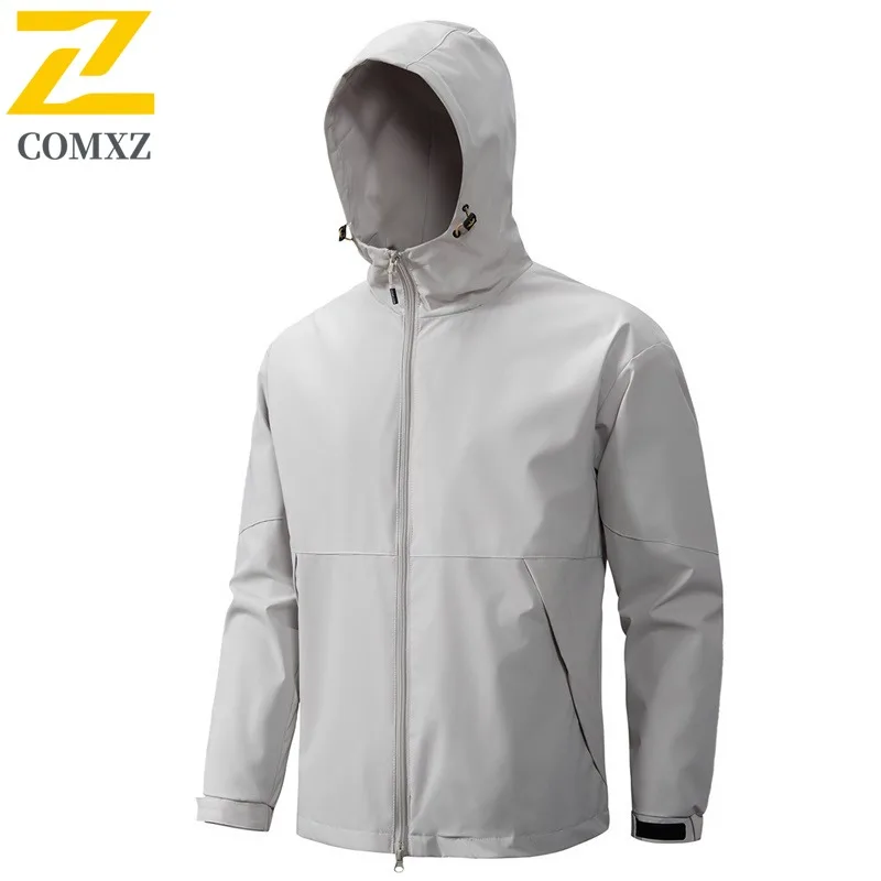 COMXZ Outdoor Hooded Jacket 2025 Men Simple Hiking Travel Motorcycle Coat Daily Style Windproof Durable Autumn Zipper Clothing