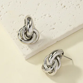 Silver Tone Geometric Knot Earrings For Women Thick Silver Plated Pendant Hypoallergenic Jewelry Fashion Gifts Party Accessories