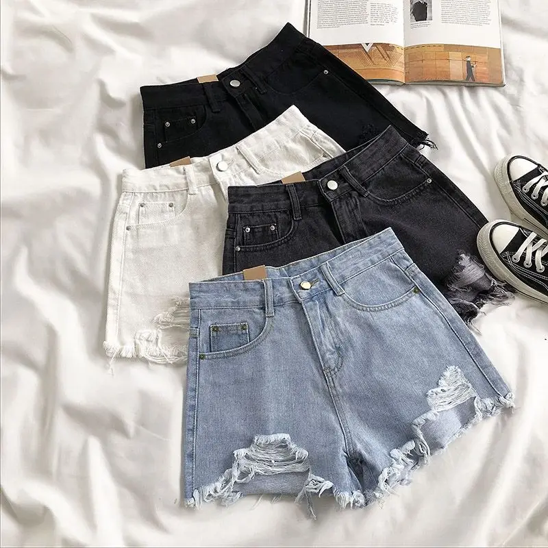 

Women's high-waisted casual jeans shorts, women's ripped jeans, shorts with pockets, fringe holes, summer