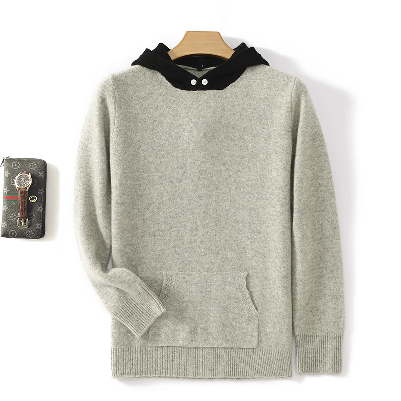 Men's 100% Merino Wool Sweater Men Hoodied Collar Pullover Loose Large Size Business Knitwear Casual Autumn Winter Cashmere Tops 5