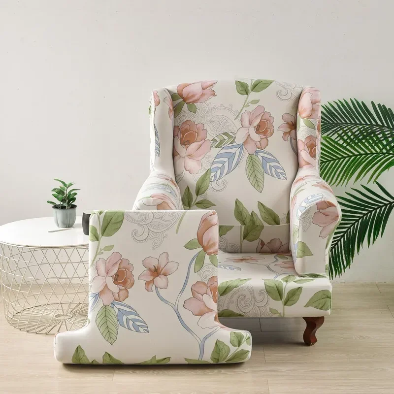 Elastic Wing Chair Covers Floral Print Stretch Wing Back Slipcovers Spandex Relax Removable Sofa Cover with Seat Cushion Cover