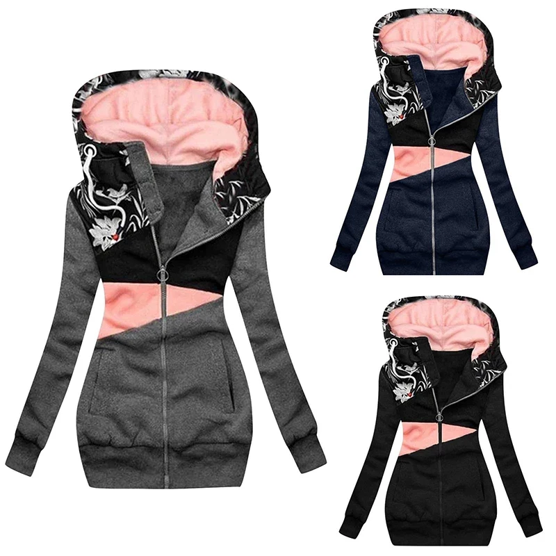 

Women Fashion Printed Jacket Cardigan 2022 Spring Autumn Women's Zipper Color Matching Hooded Sweater Coat