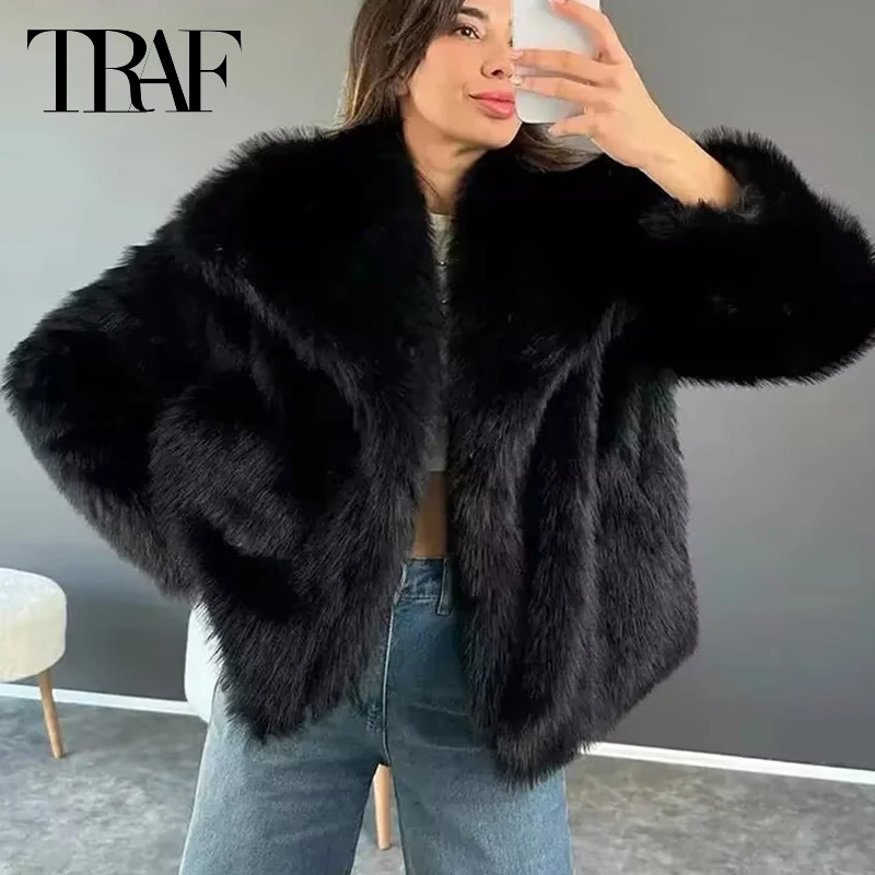 TRAF Womens Coats Winter Cropped Faux Fur Coat Women Autumn Long Sleeve Fluffy Black Jacket Outerwears Warm Plush Short Coats 5