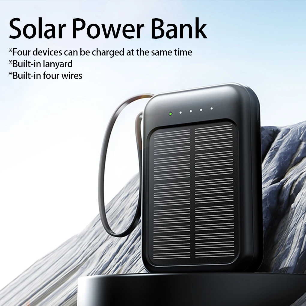 2000mAh High Capacity Solar Power Bank External Charger Powerbank LED Light New Solar Charger Built Cables 2 USB Ports 4